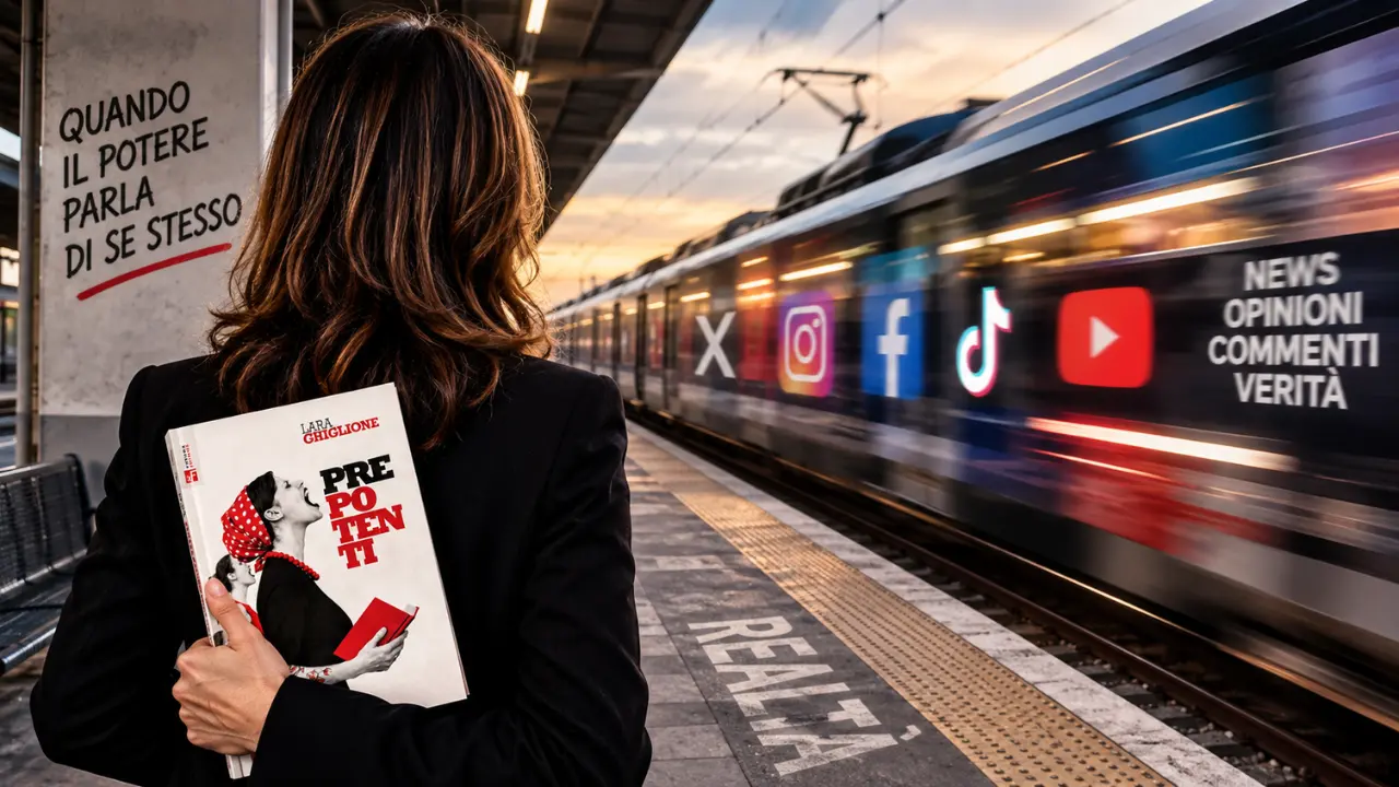 Una donna con il libro Prepotenti scritto da Lara Ghiglione osserva un treno dei social alla stazione, metafora del potere e della comunicazione online.