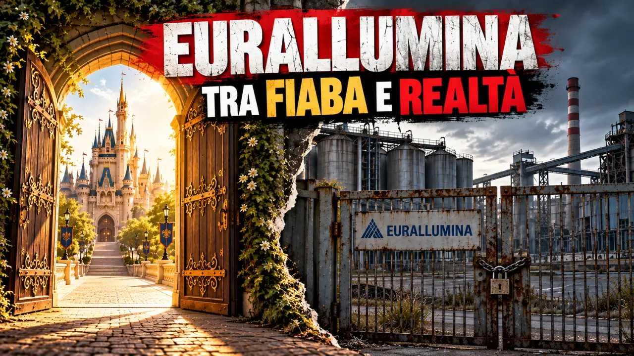 Eurallumina tra fiaba e realtà: castello dalle porte spalancate e cancelli chiusi dello stabilimento industriale, simbolo di diciassette anni di crisi e cassa integrazione.