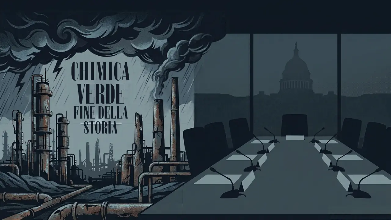 Illustrazione satirica sulla fine della Chimica Verde a Porto Torres: impianti industriali in rovina e sala riunioni del Mimit.