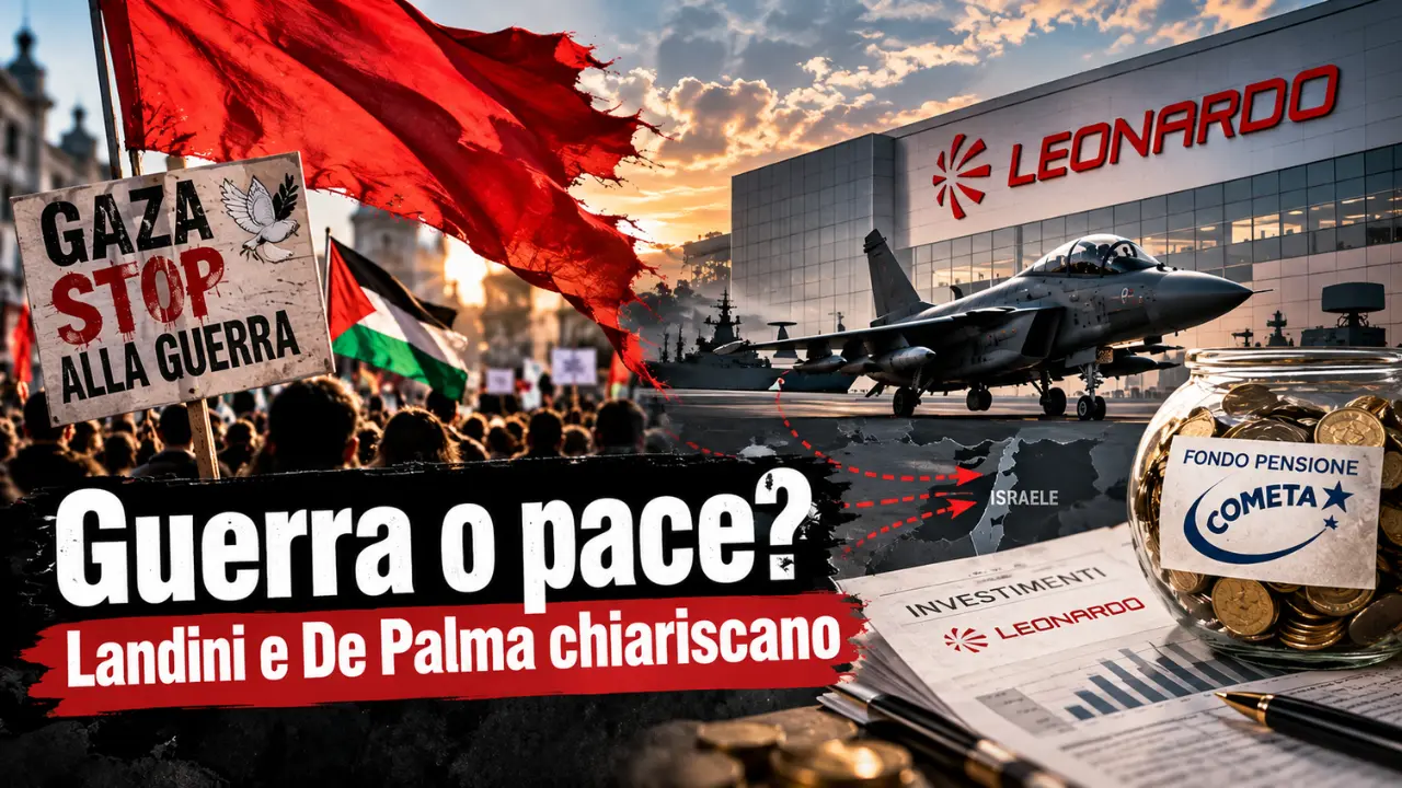 Nome file SEO: `guerra-o-pace-landini-de-palma-cometa-leonardo-israele.webp` CGIL, Cometa e Leonardo: il contrasto tra lo sciopero per Gaza e gli investimenti del fondo pensione nell’industria della difesa legata a Israele.
